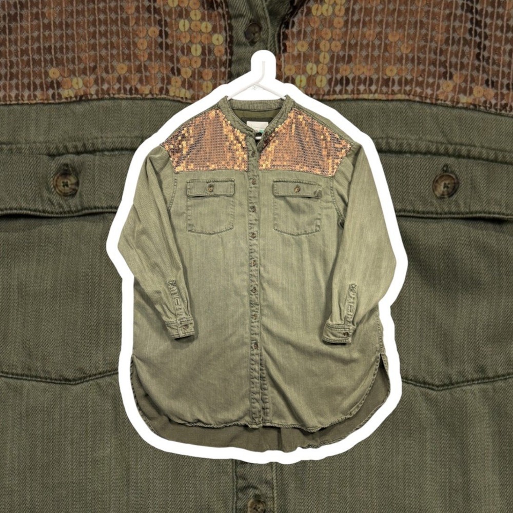 Anthropologie Olive Green Utility Shirt Jacket Copper Sequin Shoulders 18W Women